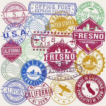 Fresno California Set of Stamps. Travel Stamp. Made In Product. Design Seals Old Style Insignia.