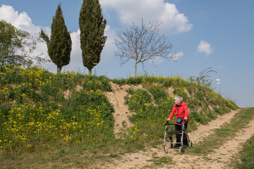 frau mit rollator unterwegs