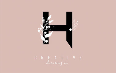 H Black Letter Logo with white leaves, leaf, branch design. Creative and elegant vector illustration with letter H and white leaf for beauty, fashion, jewelry, luxury, natural products or eco services