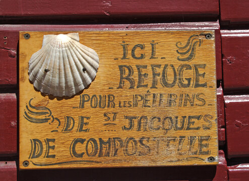 Saint Jean Pied de Port, France - Shell as a symbol of the pilgrimage route to Santiago de Compostela. The Pilgrim's Road is World Heritage Site by UNESCO.