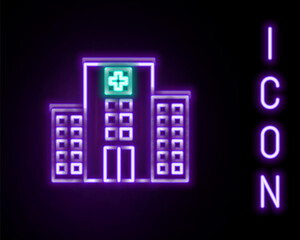 Glowing neon line Medical hospital building with cross icon isolated on black background. Medical center. Health care. Colorful outline concept. Vector