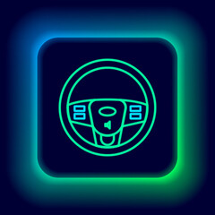 Glowing neon line Steering wheel icon isolated on black background. Car wheel icon. Colorful outline concept. Vector