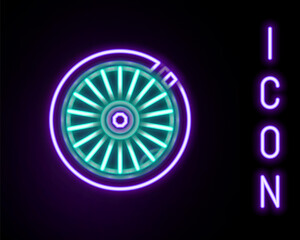 Glowing neon line Car wheel icon isolated on black background. Colorful outline concept. Vector