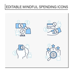 Mindful spendings line icons set. Rating, accountability partner, one click buying, cash using. Buying fewer concepts. Isolated vector illustrations. Editable stroke