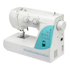 Sewing machine for sewing clothes from fabric on a white isolated background. Front view