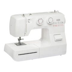 Sewing machine for sewing clothes from fabric on a white isolated background. Front view