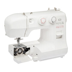 Sewing machine for sewing clothes from fabric on a white isolated background. Front view