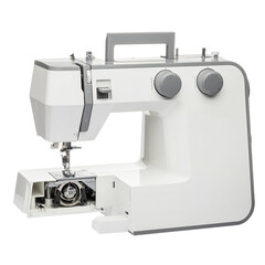 Sewing machine for sewing clothes from fabric on a white isolated background. Front view