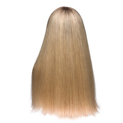 Human hair wig on a mannequin. Back view. Blonde. Straight hair