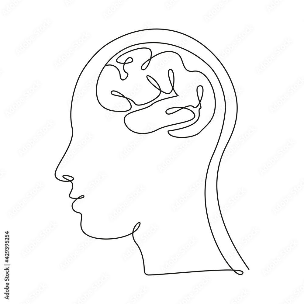 Poster human head and big brain in one line art style. continuous drawing illustration. abstract linear vec