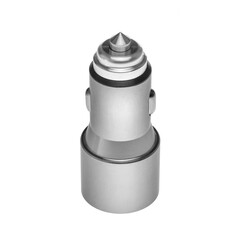 Car charger for mobile phone or smartphone. Connector for a cable for a USB port. Plugs into the car's cigarette lighter. White and silver