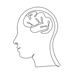 Human head and big brain in one line art style. Continuous drawing illustration. Abstract linear Vector 