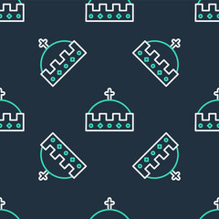 Line King crown icon isolated seamless pattern on black background. Vector