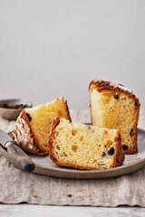 Panettone, italian christmas cake. Panettone with raisins and chocolate.