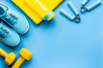 Fitness accessories top view. Sport and gym equipment