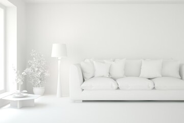 Mock up of minimalist living room in white color with sofa. Scandinavian interior design. 3D illustration