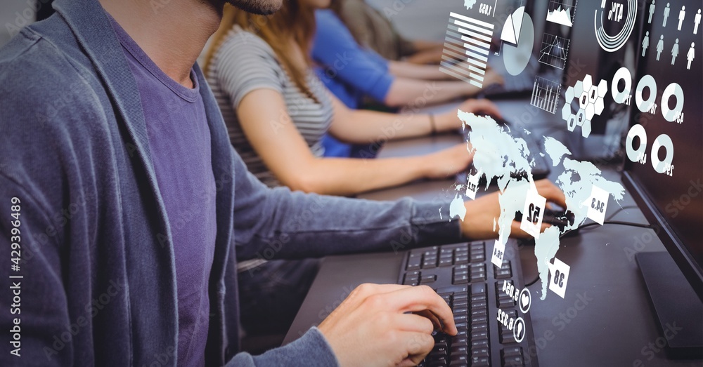 Poster composition of digital icons and world map over people using computers in office