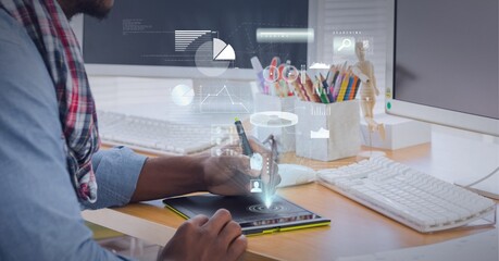 Composition of digital icons and data processing over man using graphic tablet in office
