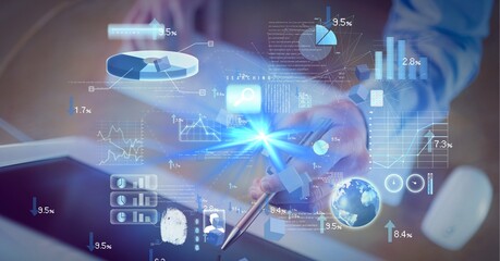 Composition of digital icons and data processing over man touching computer screen with pen