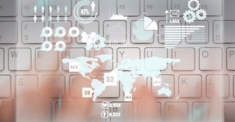 Composition of digital icons, data processing with world map over person typing on computer keyboard
