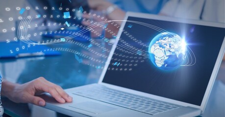 Composition of blue globe with binary coding processing over laptop screen