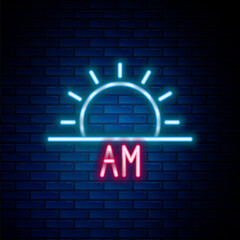 Glowing neon line Sunrise icon isolated on brick wall background. Colorful outline concept. Vector