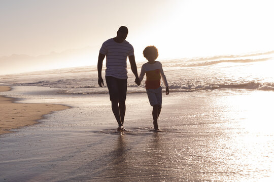 African american father and daughter walking and holding hands at the beach