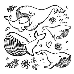 WHALES IN SKETCH STYLE Mother Hugs Daughter Parental Relationship Cute Animals Mother Day Monochrome Hand Drawn Clip Art Vector Illustration Set For Print