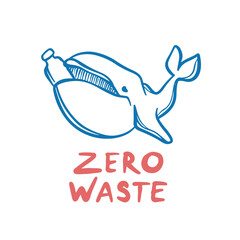 ZERO WASTE ECO Environmental Pollution Problem Of Earth With Whale Plastic Bottle And Plastic Bag On Banner With Text Clip Art Vector Illustration Set For Print