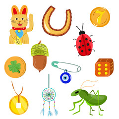 Good fortune symbols set. Collection of good luck symbols. Isolated vector elements in cartoon style. Success symbols on white background.