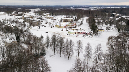Aerial view of Turlava village in winter, Latvia.
