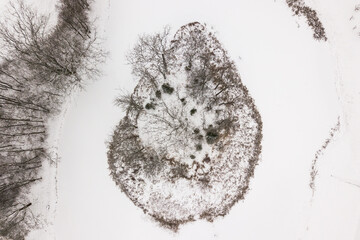 Aerial view of island in pond, Latvia.