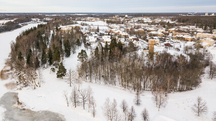 Aerial view of Broceni town in winter, Latvia