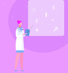 Obraz premium Doctor, writes recommendations. Template for action, giveaway, social networks, medical training, lectures, seminars. Vector illustration