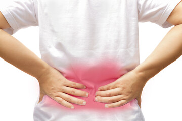 Woman hands touching her back pain isolated in clipping path.