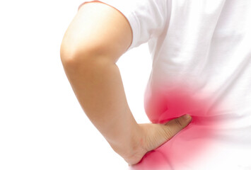 Woman feel pain on her back isloated in clipping path.
