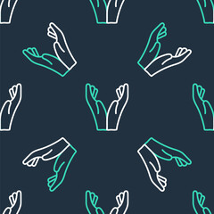 Line Hands in praying position icon isolated seamless pattern on black background. Prayer to god with faith and hope. Vector