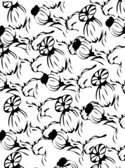 Flower, bud, onion, leaves in black and white line graphics with white background. Suitable for printing on weave for packaging, postcards, etc.