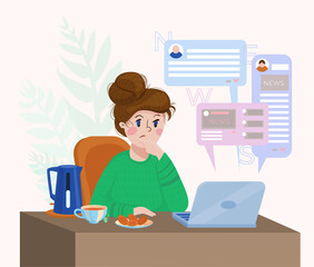 the girl is sitting at the table. there's a laptop on the table. a girl reads the news on a laptop monitor