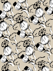 Flower, bud, onion, leaves in black-white linear graphics with beige background. Suitable for printing on weave for packaging, postcards, etc.