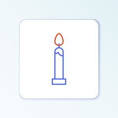 Line Burning candle icon isolated on white background. Cylindrical candle stick with burning flame. Colorful outline concept. Vector