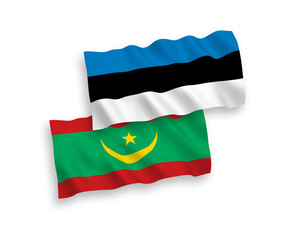 National vector fabric wave flags of Estonia and Islamic Republic of Mauritania isolated on white background. 1 to 2 proportion.
