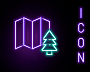 Glowing neon line Location of the forest on a map icon isolated on black background. Colorful outline concept. Vector