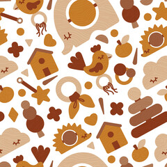 Seamless pattern Eco wooden baby toys. Neutral colors illustration isolated on white. For fabric, print, textile, kids decor room, background, wallpaper. Vector