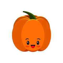 Pumpkin cute character icon isolated on white. Thanksgiving, halloween smiling emoticon. Farm harvest, closeup squash. Kawaii flat design cartoon gourd. Vector food vegetable clip art illustration.