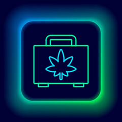 Glowing neon line Shopping box of medical marijuana or cannabis leaf icon isolated on black background. Buying cannabis. Hemp symbol. Colorful outline concept. Vector