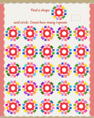  Puzzle for children and adults. Development of attention, thinking, memory. Find and count how many of these shapes worksheet
