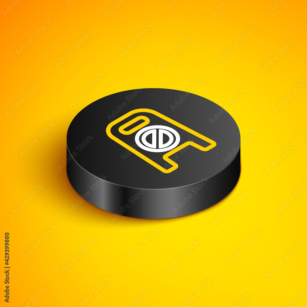 Poster isometric line wet floor and cleaning in progress icon isolated on yellow background. cleaning servi
