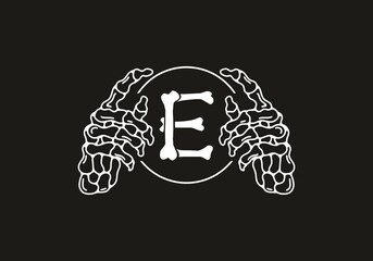 White black color of skeleton E initial letter with hand