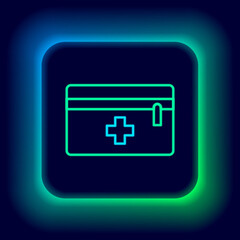 Fototapeta premium Glowing neon line First aid kit icon isolated on black background. Medical box with cross. Medical equipment for emergency. Healthcare concept. Colorful outline concept. Vector